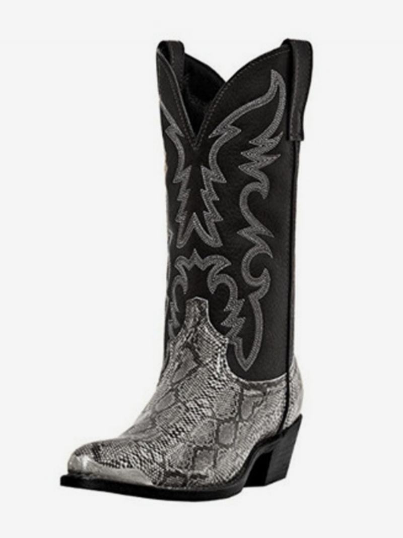 Ανδρικές Μπότες Cowboy Boots Χρυσό Pu Δερμάτινο Μυτερό Mid Calf - Ασημί