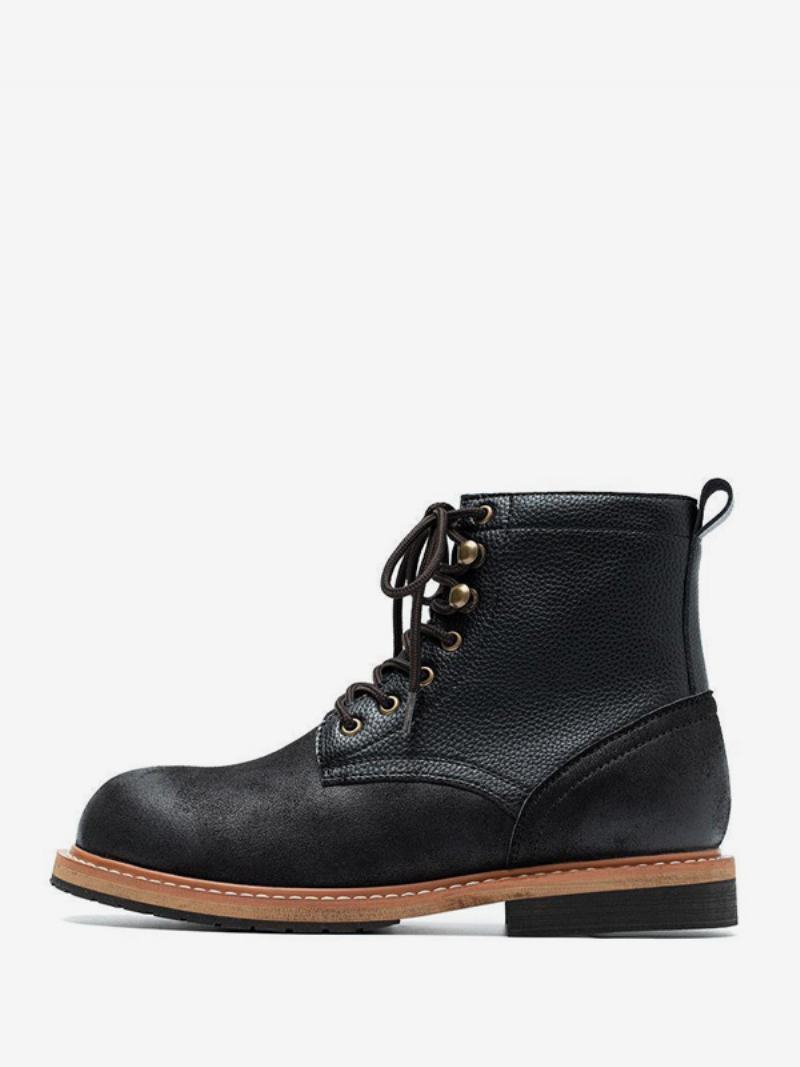 Ανδρικές Μπότες Martin Work Μοτοσικλέτας Μαύρο Cowhide Round Toe Combat Boots