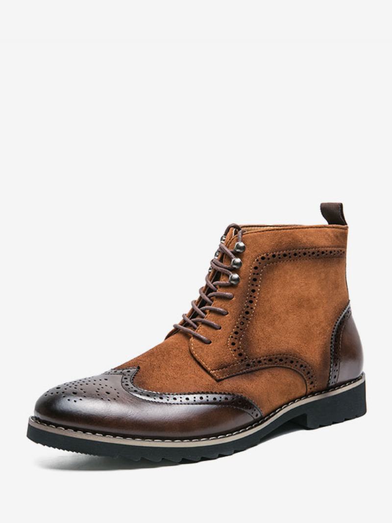 Ανδρικές Μπότες Εργασίας Coffee Brown Pu Δερμάτινες Round Toe Combat Boots Prom Party