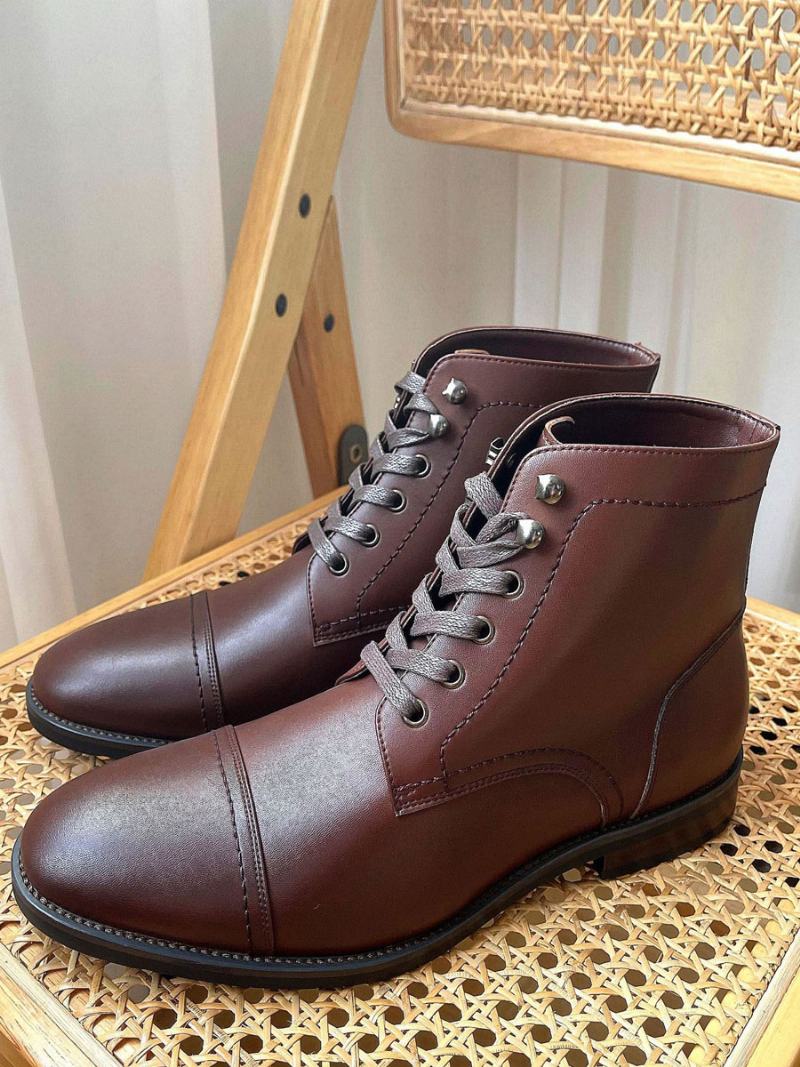 Ανδρικές Μπότες Εργασίας Cowhide Round Toe Combat Boots - Βουργουνδία