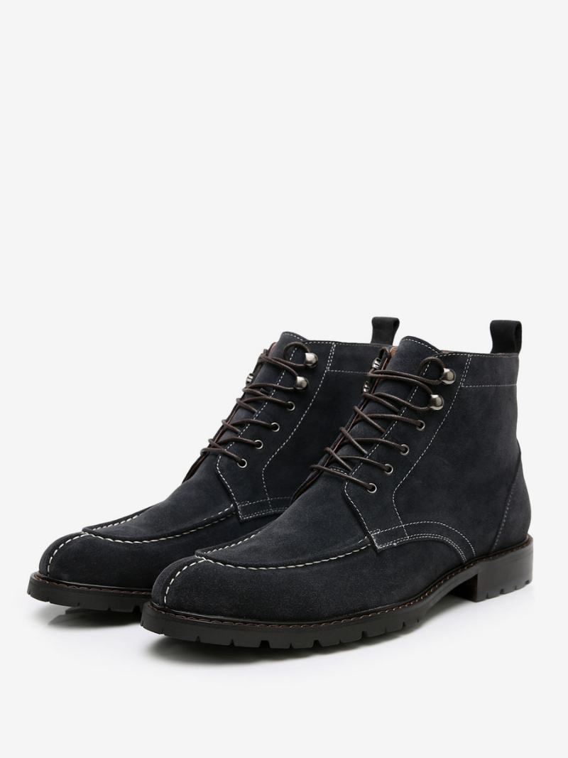 Ανδρικές Μπότες Εργασίας Cowhide Round Toe Combat Boots - Dark Navy