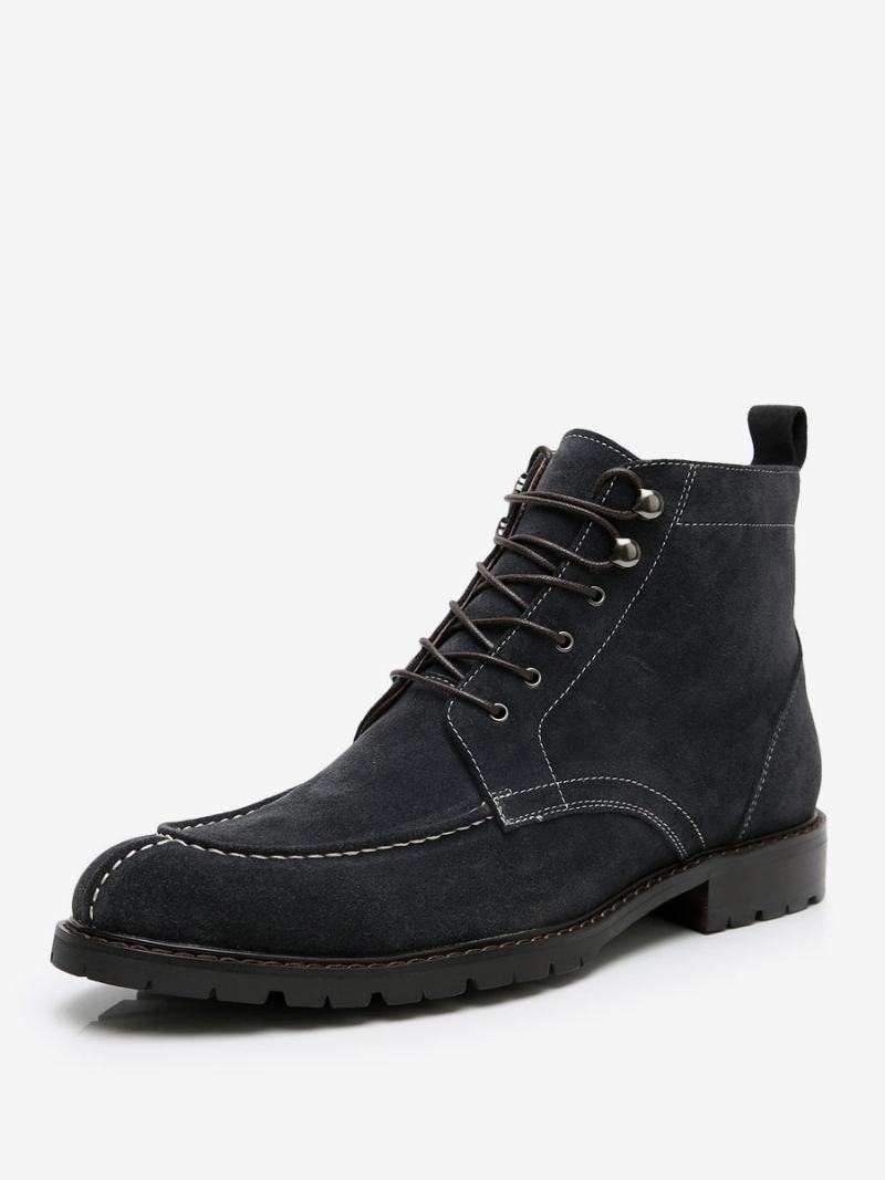 Ανδρικές Μπότες Εργασίας Cowhide Round Toe Combat Boots - Dark Navy