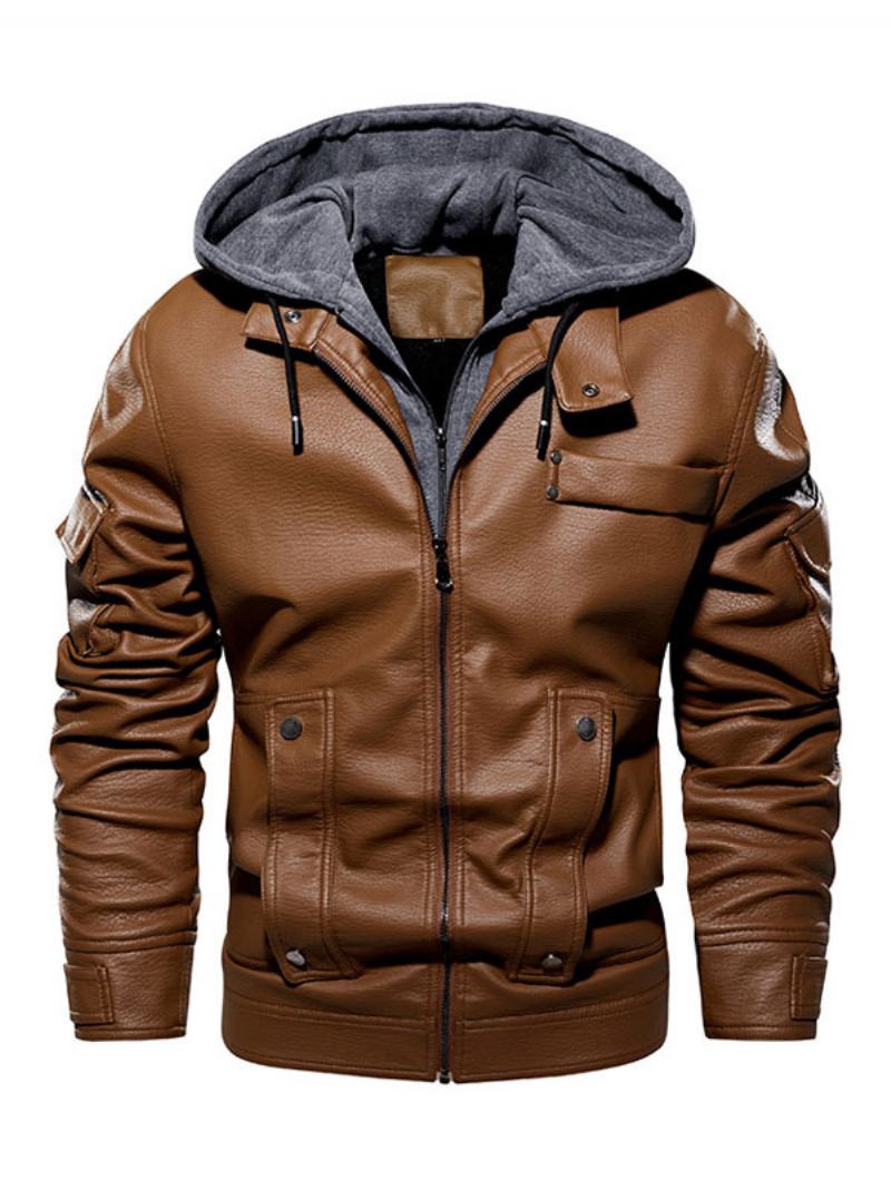 Ανδρικό Δερμάτινο Μπουφάν Comfy Layered Zipper Color Block Fashion Moto Spring Coffee Brown