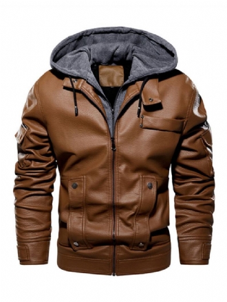 Ανδρικό Δερμάτινο Μπουφάν Comfy Layered Zipper Color Block Fashion Moto Spring Coffee Brown