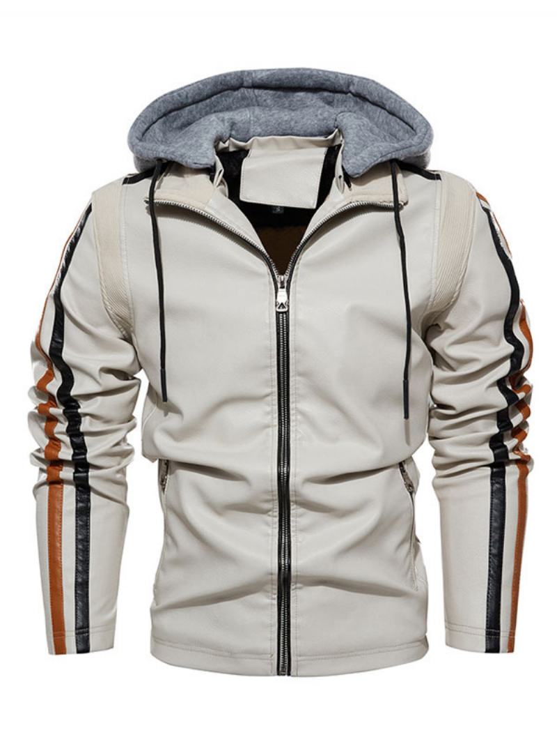 Ανδρικό Δερμάτινο Μπουφάν Comfy Layered Zipper Color Block Smart Moto Winter Εκρού Λευκό