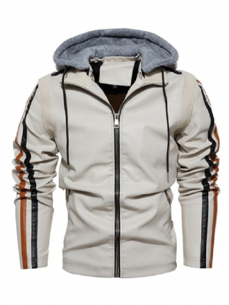 Ανδρικό Δερμάτινο Μπουφάν Comfy Layered Zipper Color Block Smart Moto Winter Εκρού Λευκό