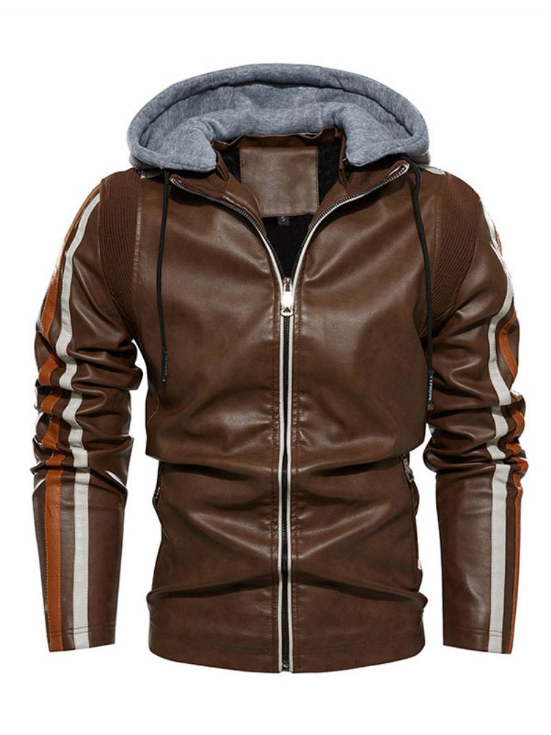 Ανδρικό Δερμάτινο Μπουφάν Comfy Layered Zipper Color Block Smart Moto Winter Εκρού Λευκό - Καφέ Καφέ