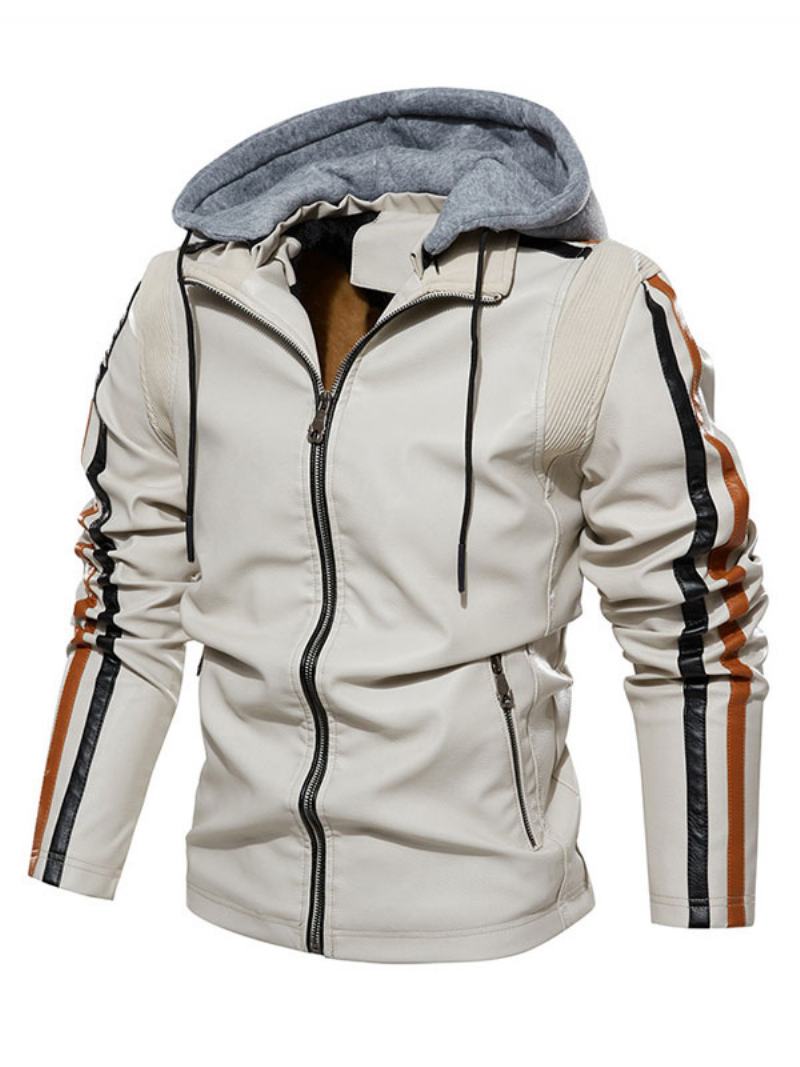 Ανδρικό Δερμάτινο Μπουφάν Comfy Layered Zipper Color Block Smart Moto Winter Εκρού Λευκό - Μπεζ