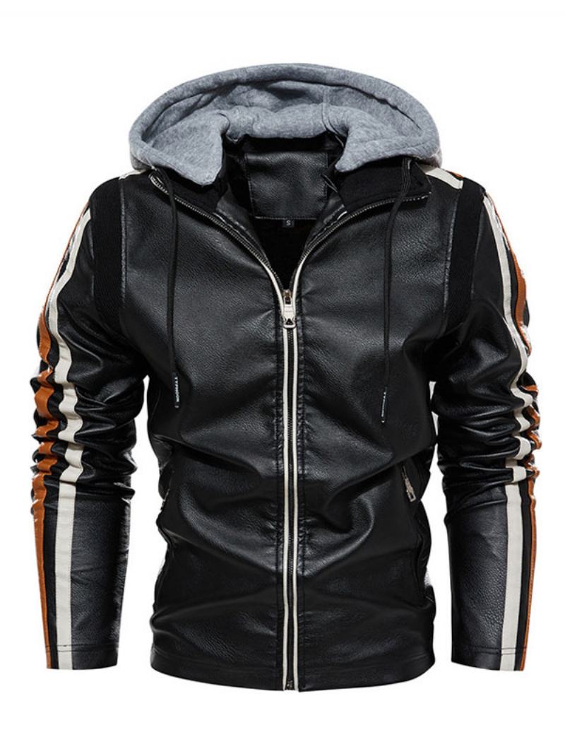 Ανδρικό Δερμάτινο Μπουφάν Comfy Layered Zipper Color Block Smart Moto Winter Εκρού Λευκό - Μαύρο