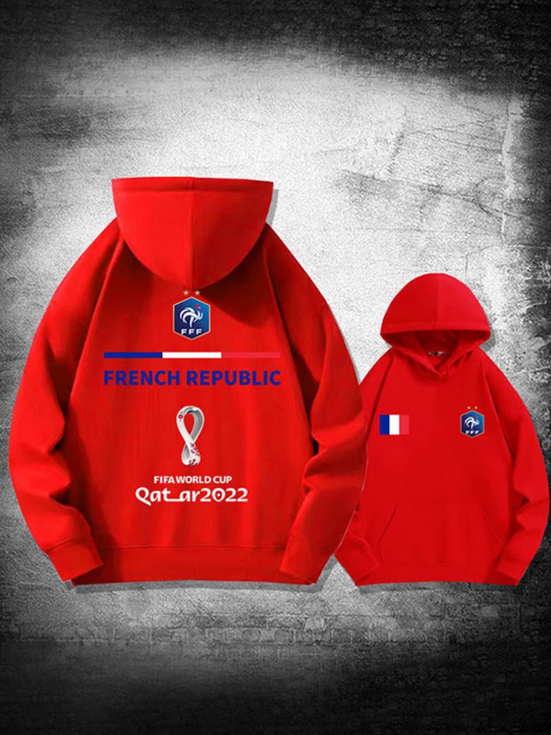 Ανδρικό Μακρυμάνικο Μπλουζάκι Με White Hoodie France Team Qatar - Κόκκινο