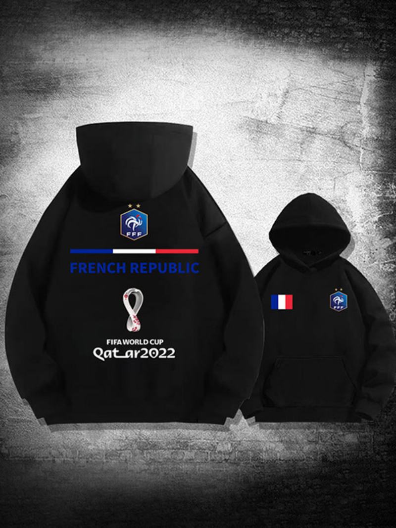 Ανδρικό Μακρυμάνικο Μπλουζάκι Με White Hoodie France Team Qatar - Μαύρο