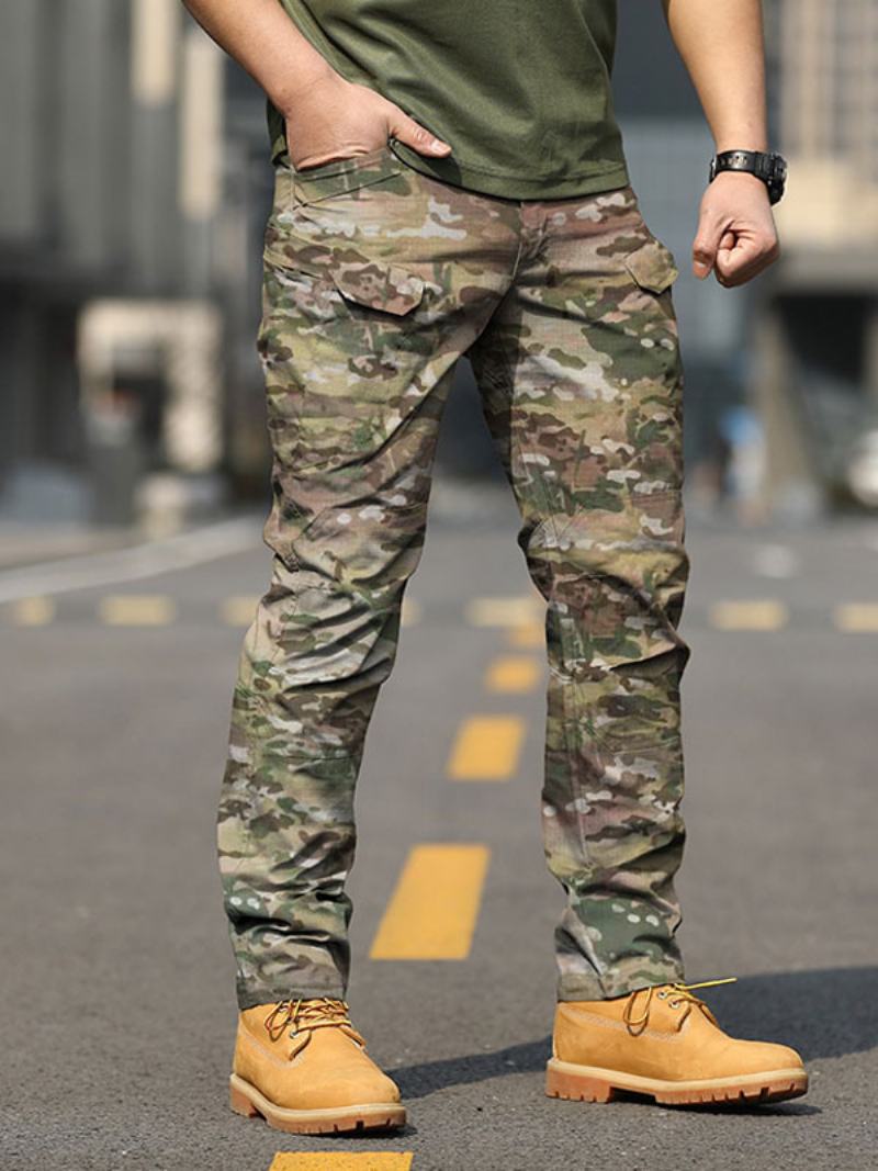 Ανδρικό Παντελόνι Casual Camouflage Natural Waist Straight Cargo Μαύρο - Ανοιχτό Πράσινο