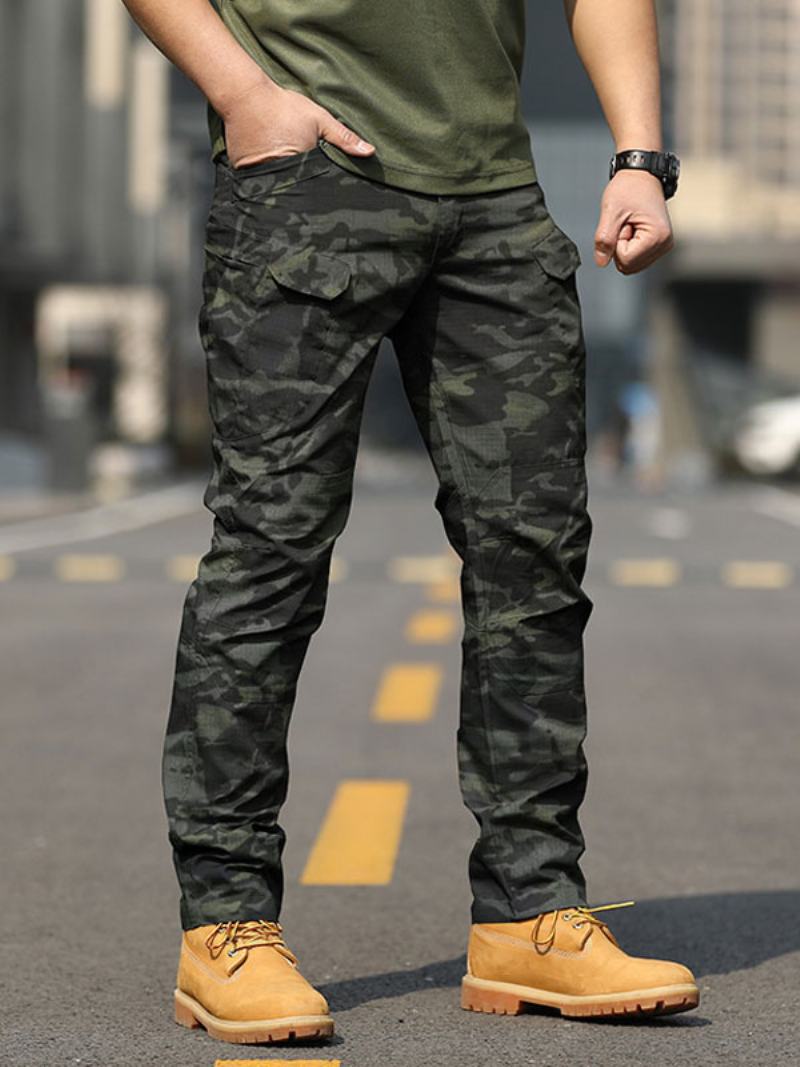 Ανδρικό Παντελόνι Casual Camouflage Natural Waist Straight Cargo Μαύρο - Σκούρο Πράσινο