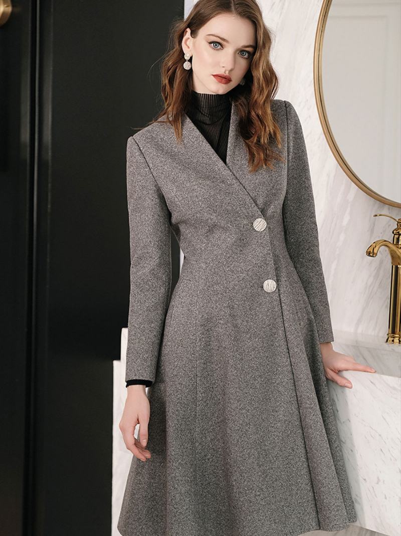 Γκρι Wrap Coat Για Γυναικεία Ζεστά Εξωτερικά Ενδύματα Με Λαιμόκοψη V - Γκρί