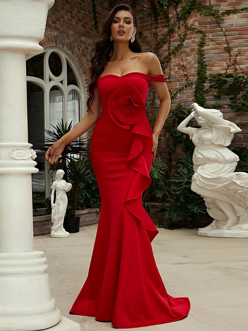 Γυναικεία Blossom Maxi Dress Off The Shoulder Backless Ruffles Φορέματα Χορού - Το Κόκκινο