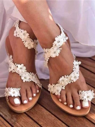 Γυναικεία Boho Νυφικά Παπούτσια Brown Toe Loop Flowers Flat Σανδάλια