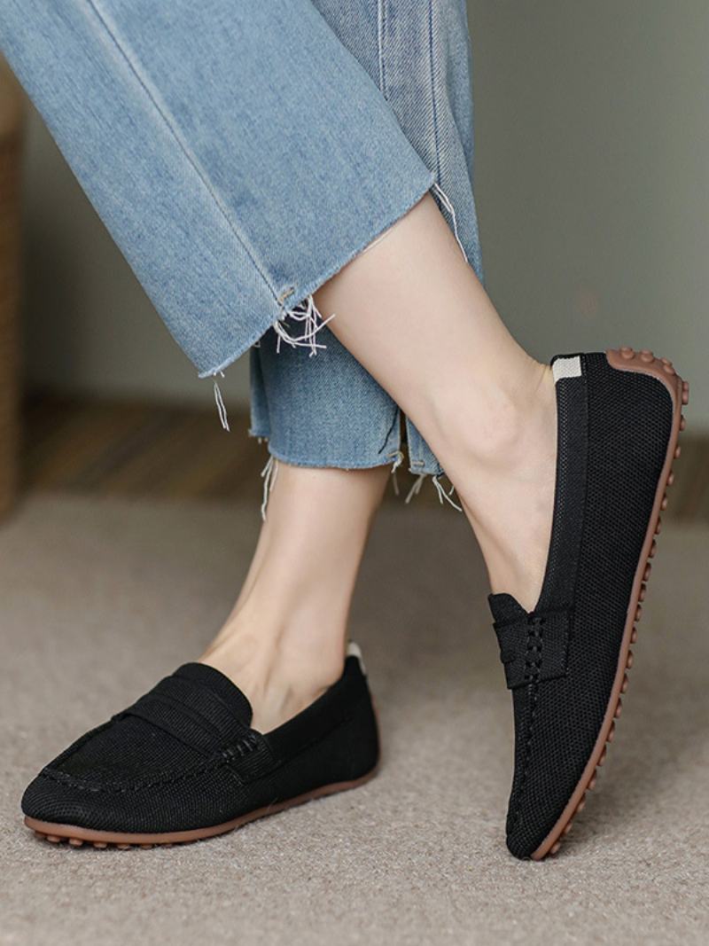 Γυναικεία Flat Loafers Round Toe Slip On Casual Παπούτσια - Μαύρο