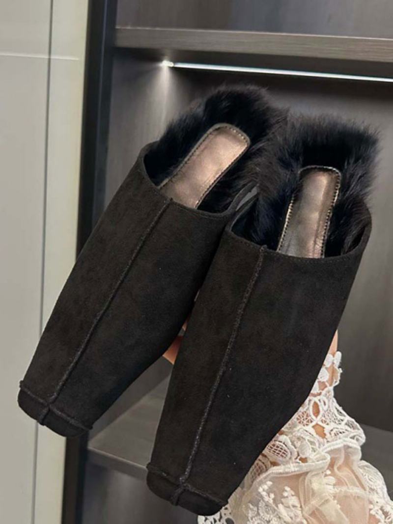 Γυναικεία Flat Mules Suede Square Toe Winter Παπούτσια Mule - Μαύρο