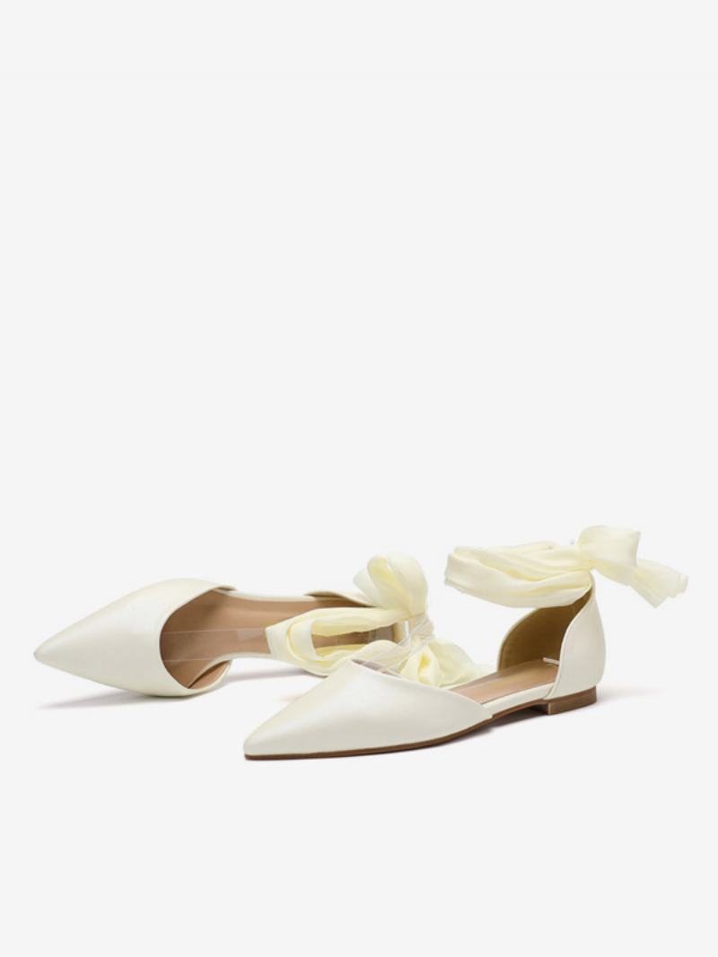 Γυναικεία Flat Νυφικά Παπούτσια Λευκά Μυτερά Lace Up Wedding Pumps - Μπεζ