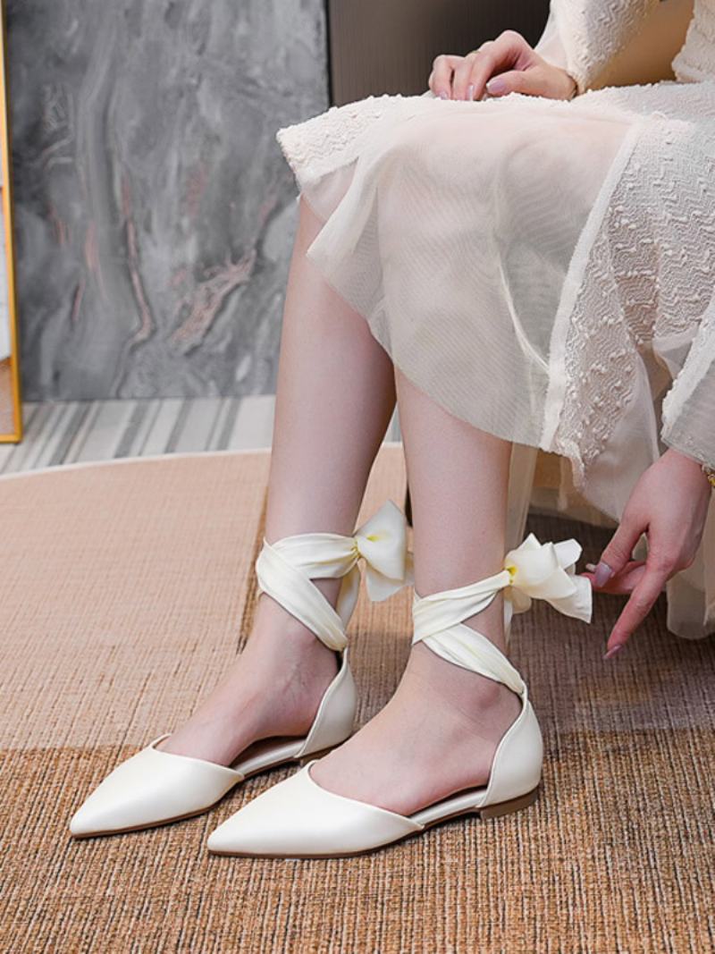 Γυναικεία Flat Νυφικά Παπούτσια Λευκά Μυτερά Lace Up Wedding Pumps - Μπεζ