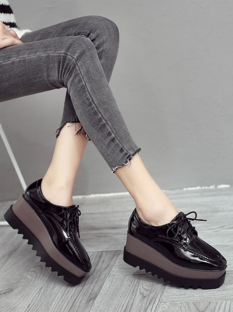 Γυναικεία Flatform Lace Up Oxfords - Μαύρο