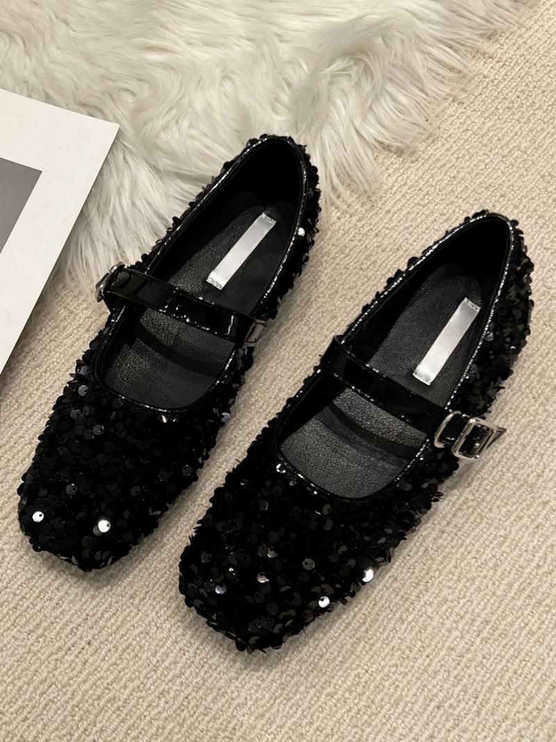 Γυναικεία Glitter Ballerina Flats Square Toe Mary Jane Party Παπούτσια - Μαύρο