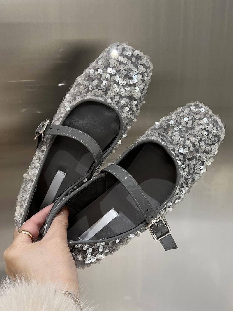 Γυναικεία Glitter Ballerina Flats Square Toe Mary Jane Party Παπούτσια - Ασημί