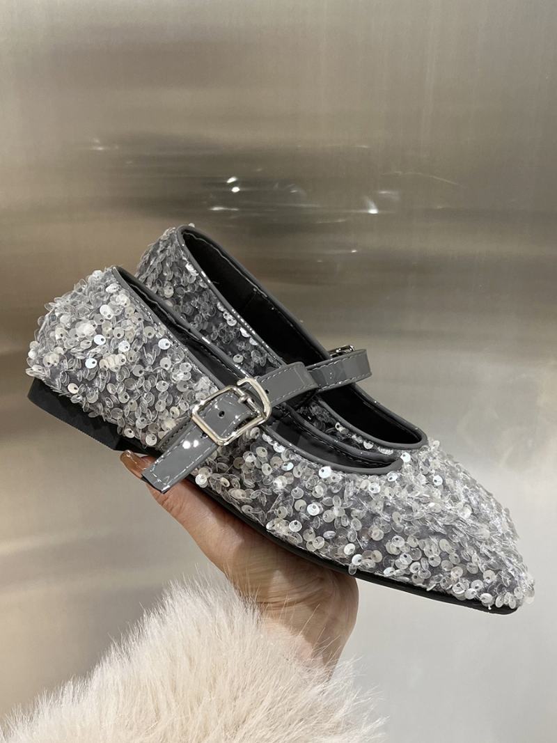 Γυναικεία Glitter Ballerina Flats Square Toe Mary Jane Party Παπούτσια - Ασημί