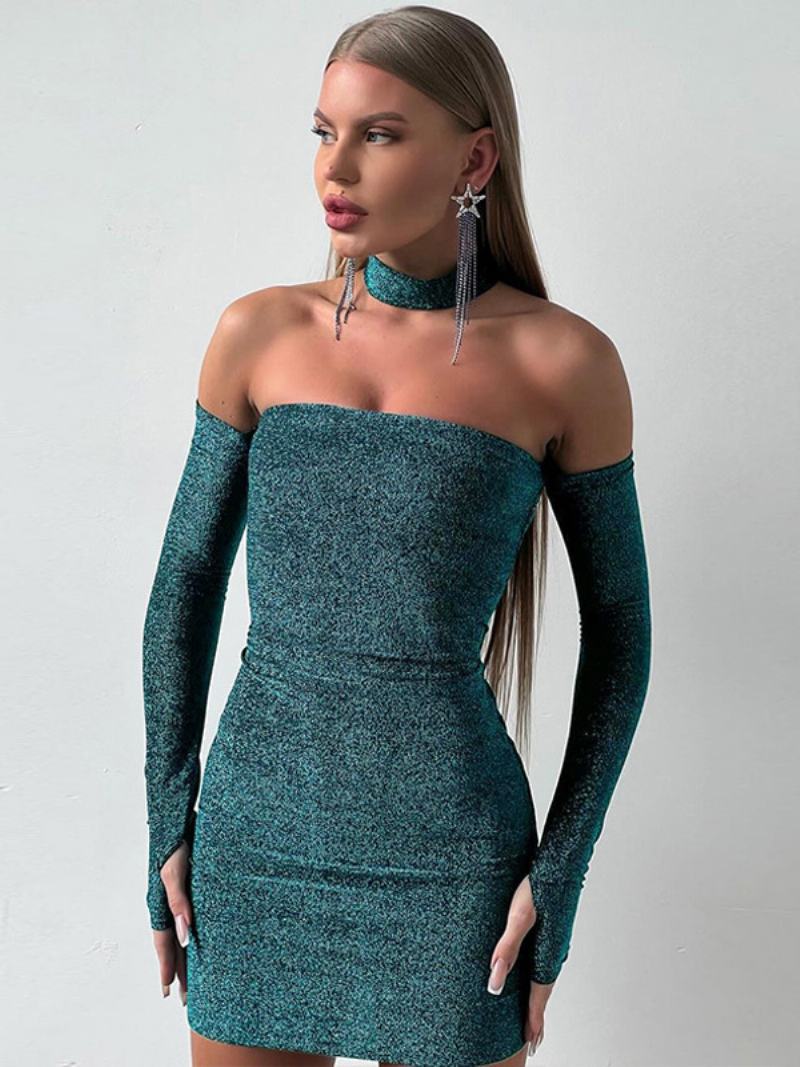 Γυναικεία Glitter Bodycon Φορέματα Μακρυμάνικα Cold Shoulder Μίνι Γενεθλίων - Πράσινο