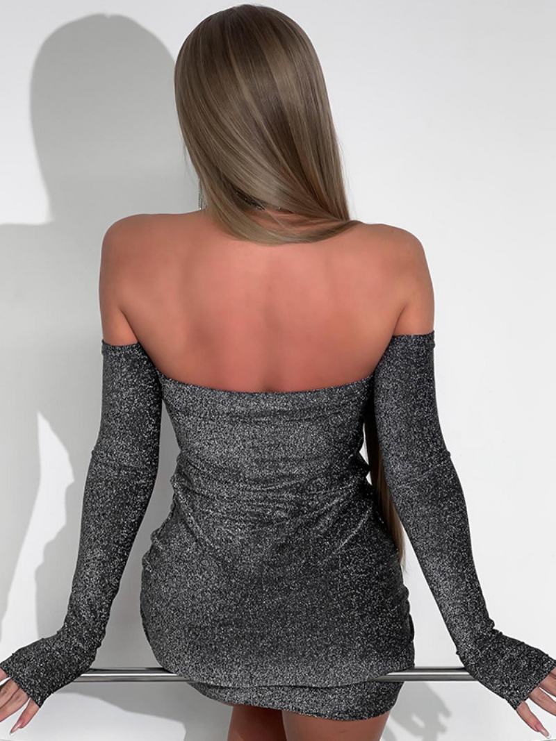 Γυναικεία Glitter Bodycon Φορέματα Μακρυμάνικα Cold Shoulder Μίνι Γενεθλίων - Ασημί