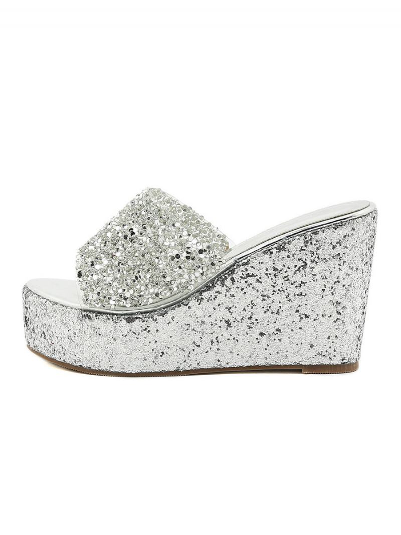 Γυναικεία Glitter Platform Wedge Mules - Ασημί