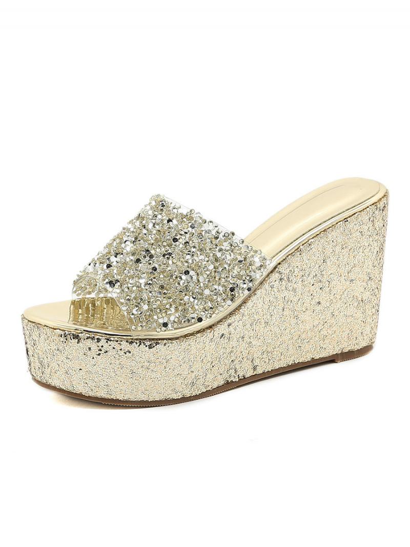 Γυναικεία Glitter Platform Wedge Mules - Ασημί