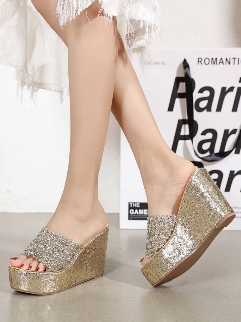 Γυναικεία Glitter Platform Wedge Mules - Ασημί