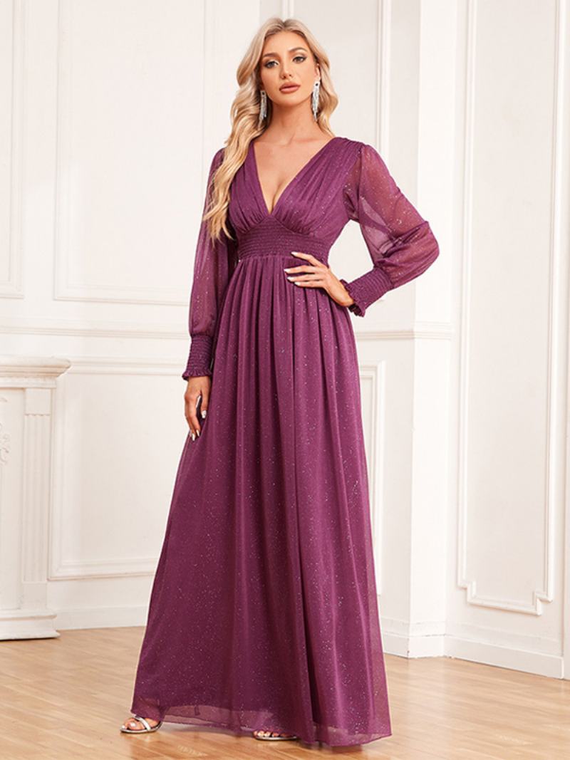 Γυναικεία Illusion Sleeves Φόρεμα V-neck Empire Waist Με Παγιέτες Prom - Το Κόκκινο