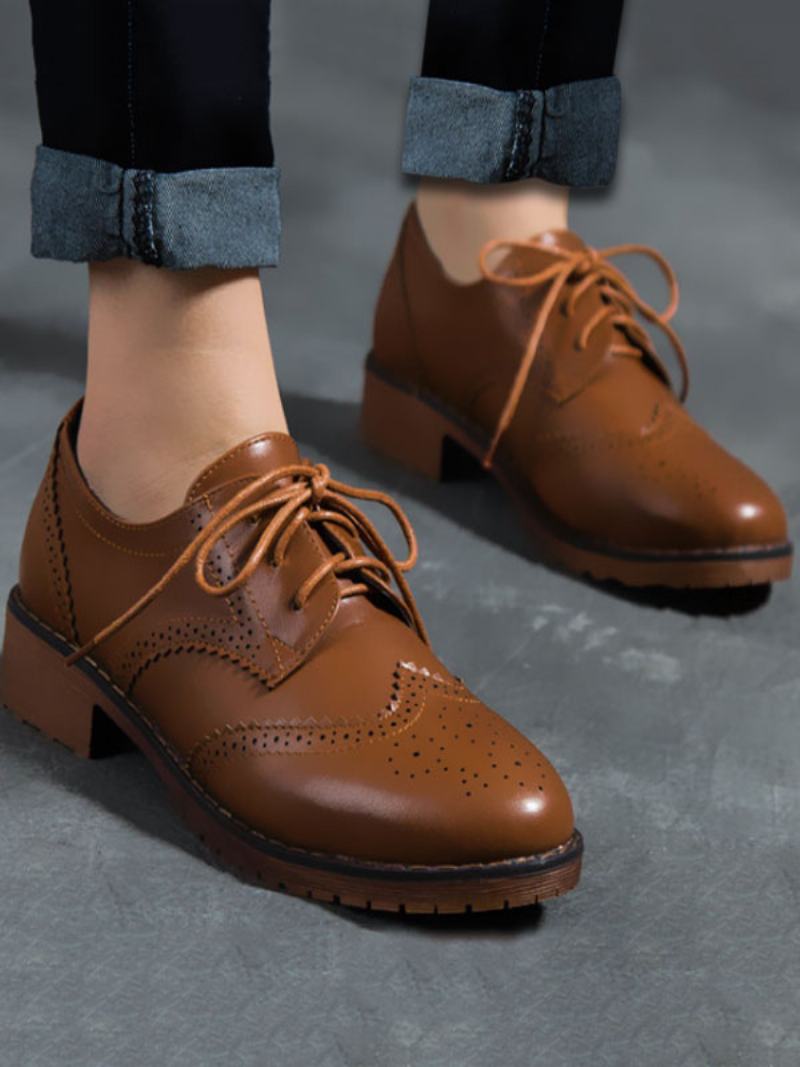 Γυναικεία Lace Up Brogue Wingtips Oxfords - Καφέ Καφέ