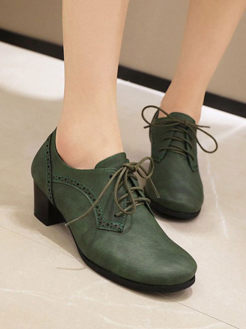 Γυναικεία Lace Up Brogues Block Heel - Σκούρο Πράσινο