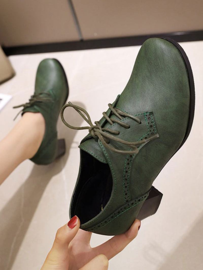 Γυναικεία Lace Up Brogues Block Heel - Σκούρο Πράσινο