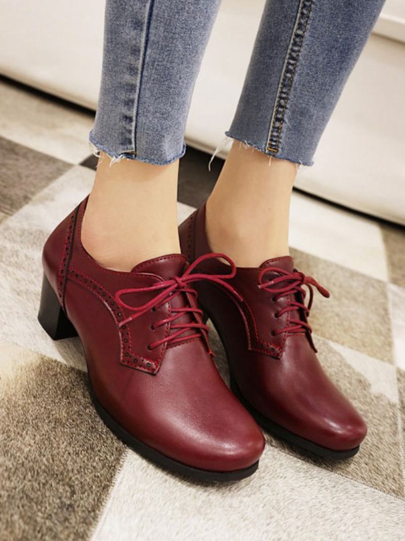 Γυναικεία Lace Up Brogues Block Heel - Βουργουνδί