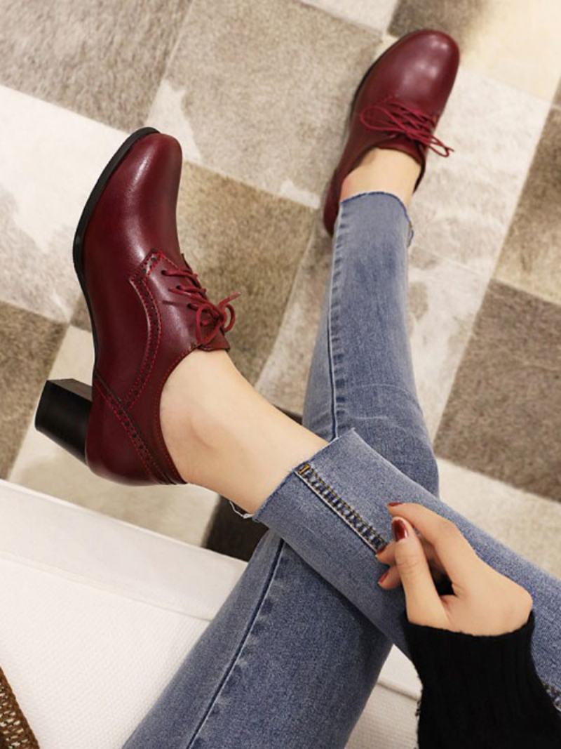 Γυναικεία Lace Up Brogues Block Heel - Βουργουνδί