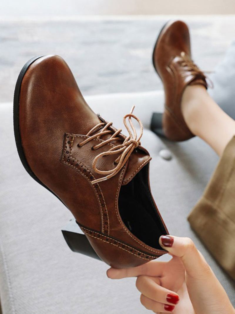 Γυναικεία Lace Up Brogues Block Heel - Καφέ Καφέ