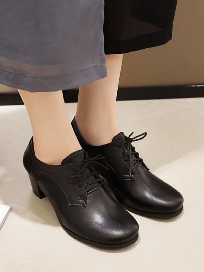 Γυναικεία Lace Up Brogues Block Heel - Μαύρο