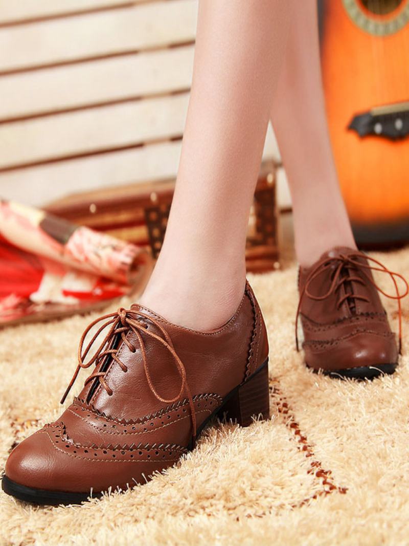 Γυναικεία Lace Up Brogues Block Heel - Καφέ Καφέ