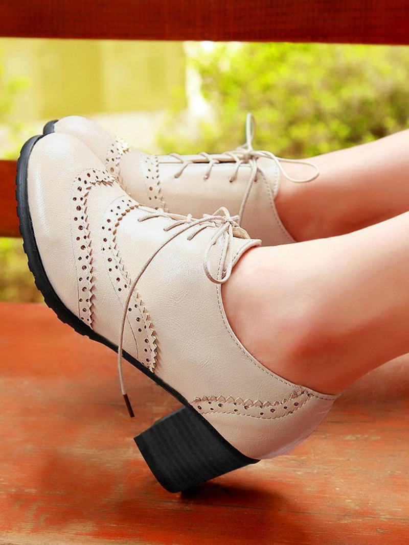 Γυναικεία Lace Up Brogues Block Heel - Μπεζ