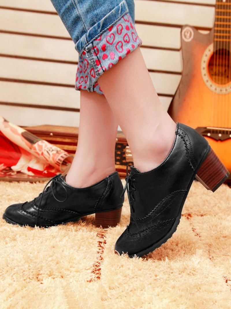 Γυναικεία Lace Up Brogues Block Heel - Μαύρο