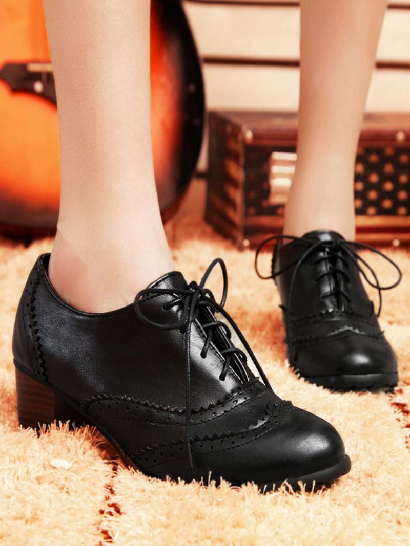 Γυναικεία Lace Up Brogues Block Heel - Μαύρο