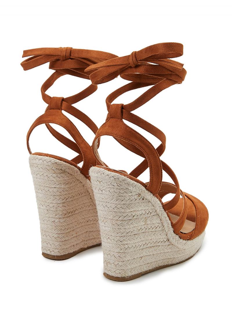 Γυναικεία Lace Up Espadrille Wedge Σανδάλια - Καφέ Καφέ