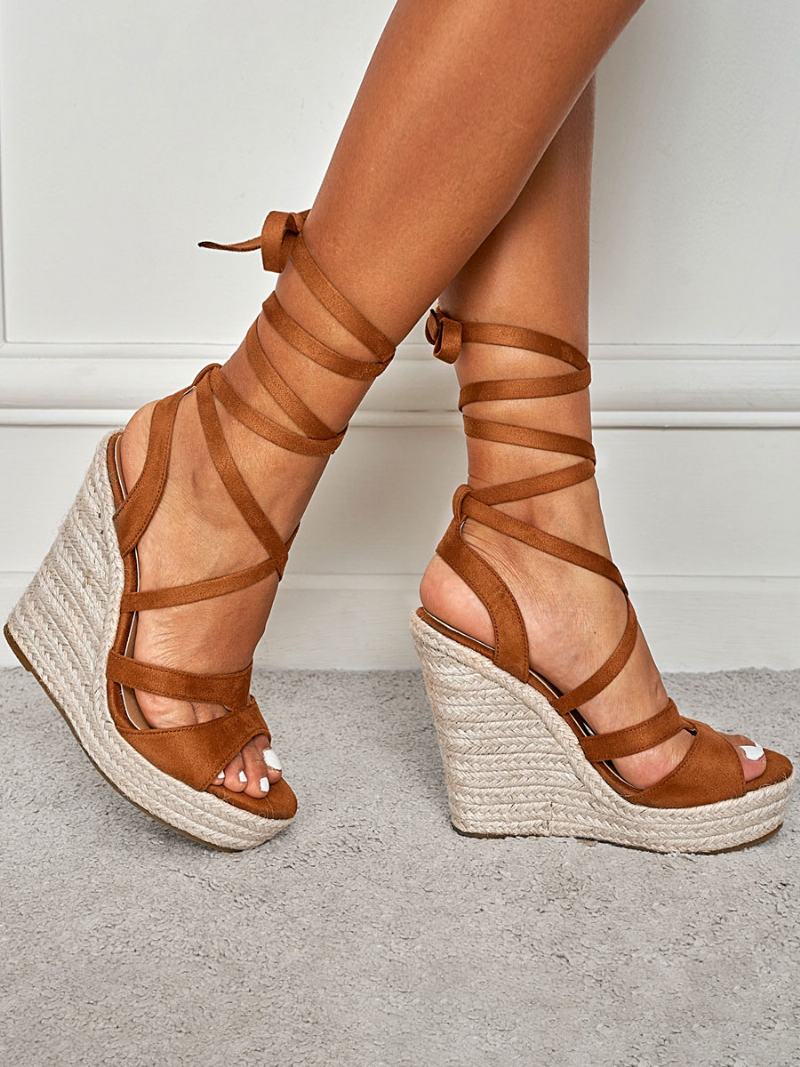 Γυναικεία Lace Up Espadrille Wedge Σανδάλια - Καφέ Καφέ