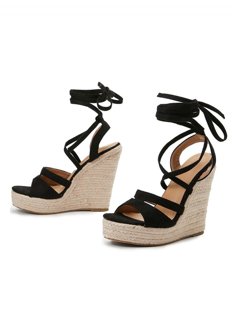 Γυναικεία Lace Up Espadrille Wedge Σανδάλια - Μαύρο