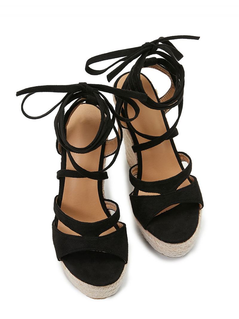 Γυναικεία Lace Up Espadrille Wedge Σανδάλια - Μαύρο