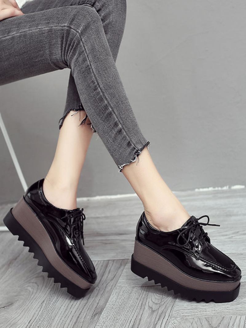 Γυναικεία Lace Up Flatform Oxfords Από Λουστρίνι - Μαύρο